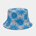 Detailed view of canvas bucket hat featuring blue evil eye and mandala patterns - Gray