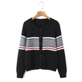 Cárdigan de punto negro para mujer con cuello redondo y rayas en la parte frontal - S / Negro