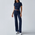 Navy blue casual two-piece set featuring short sleeve crewneck top and wide-leg drawstring pants - S / Navy Blue
