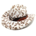 Detailed macro view of leopard print cowboy hat with bull head metal emblem and rivets - M (56-58cm) / Straight Top / White