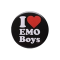 Badge rond en fer-blanc avec fond noir et texte imprimé blanc I love EMO Boys - Coeur noir I EMO Boys (XZ8112)