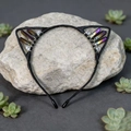 Cat ear headband with black frame and iridescent rainbow crystal pillars for women - Dark Purple Cat Ears