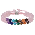 Detailed view of pink crystal beads and seven chakra stones on tree of life bracelet - Rose Quartz Bracelet