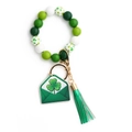 Green and white wood bead St. Patrick's Day clover keychain bracelet with green tassel - US 8