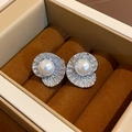 Vintage style silver spiral shell earrings with white pearl and sparkling zircon stones - Silver Lotus Leaf Style (72#)