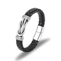 Bracelet minimaliste large en cuir tressé noir avec fermoir nœud magnétique pour hommes - Cuir Noir Ornement Noeud Argenté (QA-P70082)