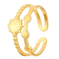 Golden double-layer adjustable open ring featuring sun relief and dot patterns - Sun Pattern (K-1546) / 18k Real Gold
