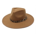 Detail of leopard print ribbon and gold buckle on a brown wool fedora hat with wide brim - M(56-58cm) / Light Coffee