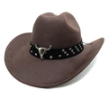 Detail of a brown cowboy hat featuring silver bull skull ornament and metallic studs - M(56-58cm) / Striped Coffee