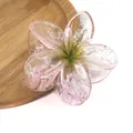 Detailed view of plumeria hair claw clip with pink gradient finish and silver glitter - Glitter Pink Green Gradient
