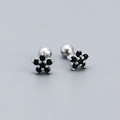 925 sterling silver flower stud earrings with black cubic zirconia and ball back - White Gold (Black Zirconia)