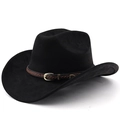 Classic black suede western cowboy hat with brown braided leather band and metal buckle - M (56-58cm) / Black