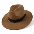 Detailed side view of brown wool felt fedora hat with black grosgrain ribbon band - M (56-58cm) / Dark Khaki