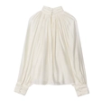 Elegant cream white satin high neck blouse with draped pleats and buttoned cuffs - XS / White