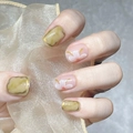Short amber marble press-on nails with camellia floral patterns and golden accents - Amber Marble & Pink Flower - Glue Style (Y-113)