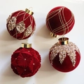 4-pack burgundy velvet Christmas ball ornaments with gold sequins and beads - Burgundy Champagne Flocked Ball