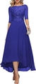 Elegant royal blue lace evening dress with high-low chiffon skirt and long sleeves - US size 12 (L) / Bottoms / Sapphire Blue