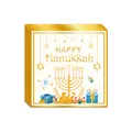 Detail of Hanukkah square decorative cards featuring golden foil dreidel and menorah icons - White Napkins / Pack of 24
