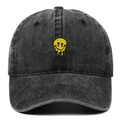 Vintage washed charcoal baseball cap with a yellow melting smiley face embroidery - Adjustable / Black