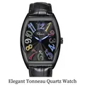 Orologio al quarzo da uomo a botte con cinturino in pelle nera e numeri colorati - Cassa Nera Quadrante Nero Numeri Colorati