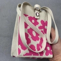 Off-white knitted crossbody phone bag featuring purple floral patterns and strap - Rose Flower Cream Base
