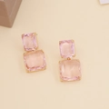 Detail of pink crystal drop earrings with golden settings and rectangular macaron stones - 4# Pink