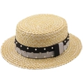French style flat top straw boater hat with pearl and rhinestone ribbon decoration - M (56-58cm) / Natural Straw Color Block Ribbon with Pearls and Rhinestones (03)