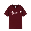 Short sleeve burgundy t-shirt featuring white script love print and heart graphic - XS / Wine Red 318 (White Print)