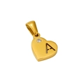 Close-up of golden heart pendant featuring cutout letter A and a sparkling crystal stone - Letter A