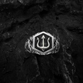 Vintage silver trident ring for men with hexagonal frame and gothic oxidized finish - Antique Silver Trident