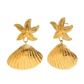 18K gold plated stainless steel starfish and seashell drop earrings for women - Sea Star Shell Stud Earrings - Gold