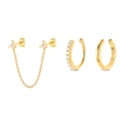 Detail of S925 gold plated earring set with chain studs and sparkling zircon ear cuffs - Gold Double Piercing Chain Earring Set (#7)