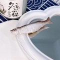 Funny realistic resin fish hair clip with silver and brown finish on a golden duckbill base - Pacific Saury