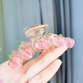 Pink peach shaped hair claw clip in transparent resin with green leaf detail - Peach Large Hair Claw