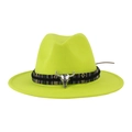 Cappello fedora di lana giallo neon con fascia etnica e testa di toro d'argento - Adulto 58cm Taglia Unica / Verde Fluorescente