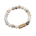 Natural stone beaded bracelet with antique metal plate featuring Strong engraving - Light Blue Mixed Stone-Strong