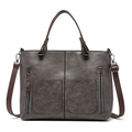 Grey PU leather tote bag with brown straps and dual front zippers for women - Gray