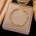 Double-layer gold stainless steel bracelet with sparkling cubic zirconia pavé setting - Gold - Double Layer White Zircon