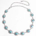 Zilveren kettingriem met ovale turquoise stenen en fijn bewerkte metalen kaders - Vintage Grote Ronde Schijf Stijl (478 Zilver)