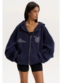 Oversize dark blue zip-up hoodie with vintage street style prints and kangaroo pocket - S / Navy Blue