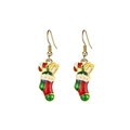 Detailed shot of Christmas stocking earrings with candy cane and gift box charms - Festive Christmas Sock Enamel