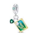 Detail of silver clover bead charm with green heart stone and golden ear of wheat tag - W-PAC1303 Green Wheat Field Oil Painting