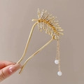 Golden leaf hair pin with sparkling rhinestones and pearl tassel for elegant buns - 185# Gold Leaf Pearl Tassel Hairpin