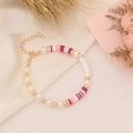 Bohemian pink clay bead and pearl bracelet with gold spacers on white silk - Mixed Pink
