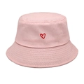 Close-up of heart embroidery on pink cotton bucket hat with parallel stitched brim - M (56-58cm) / Pink