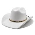 White wool felt cowboy hat with gold metal chain band and wide brim for men and women - M(56-58cm) / White