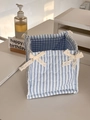 Quilted square organizer basket with blue white stripes and decorative lace bows - Lace Sweetheart Square Storage (Blue Stripe)
