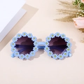 Süße hellblaue Gänseblümchen-Sonnenbrille für Kinder mit runden Gläsern und Gelb - Blauer Rahmen Verlauf Grau Gläser