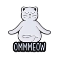 Cute white enamel cat brooch in meditation yoga pose with Ommmeow lettering detail - Meditation Cat-OMMMEOW