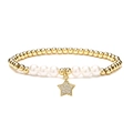 Golden 4mm copper bead bracelet with white pearls and a micro-set zircon star charm - Pearl Star Pendant